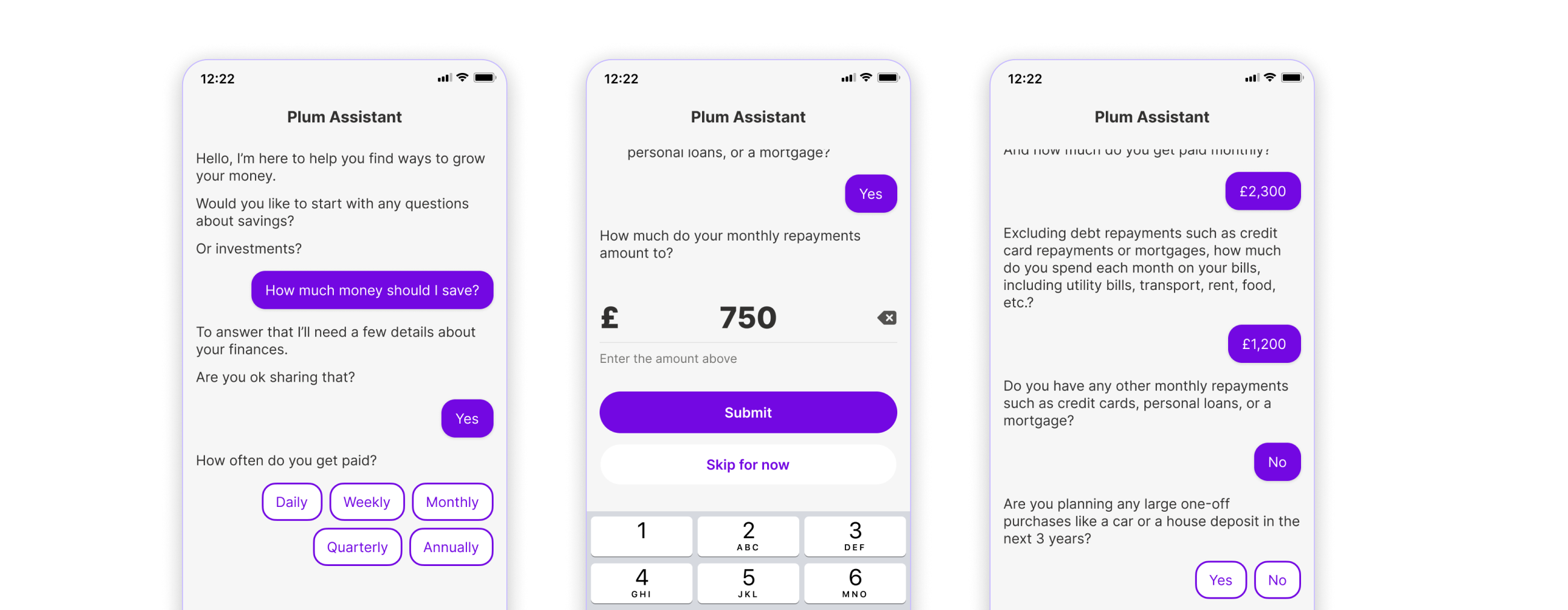 Final shipped UI — three screens showing the complete conversation flow from greeting through financial data collection to personalised guidance